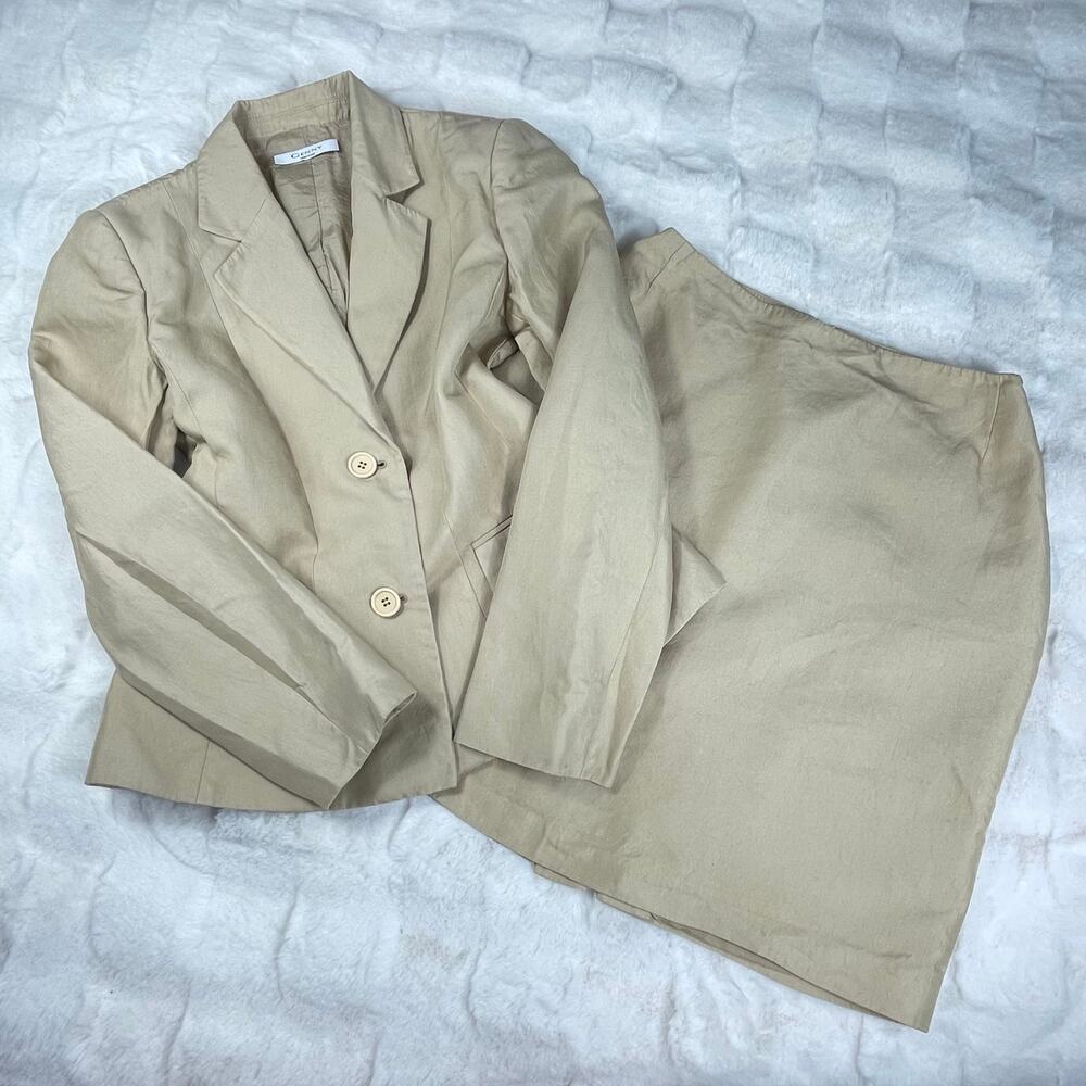 🔥Genny Made in Italy Cotton Silk 2 Pcs Office Siren Preppy Tan Blazer & Skirt XS